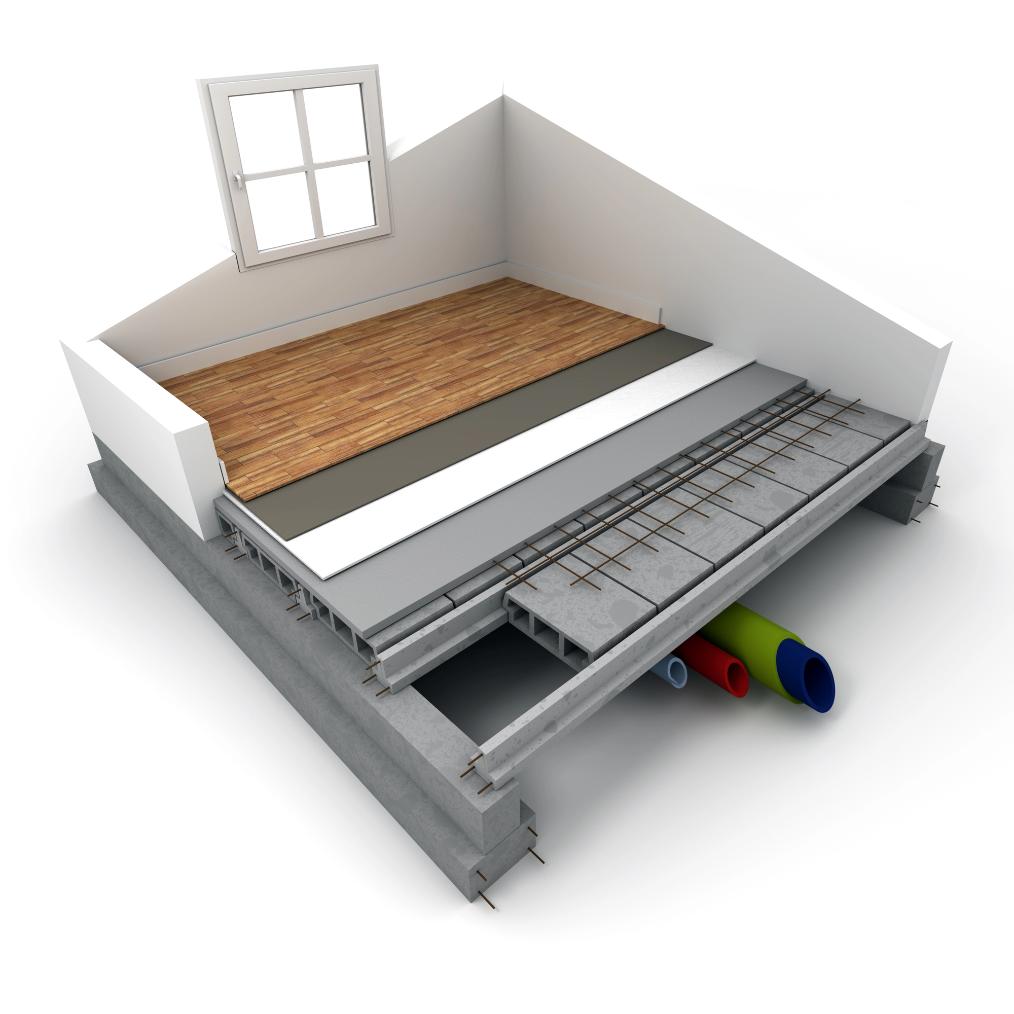 Cross-section of a room showing layered floor construction, including wooden flooring, insulation, concrete, and visible utility pipes beneath the floor.