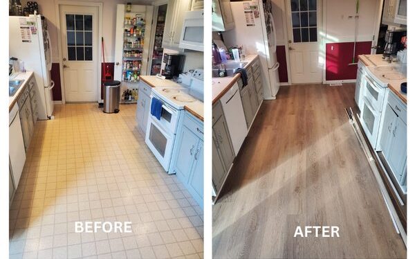 Side-by-side photos of a kitchen show a before image with light-colored tile flooring and an after image with wood-look vinyl flooring
